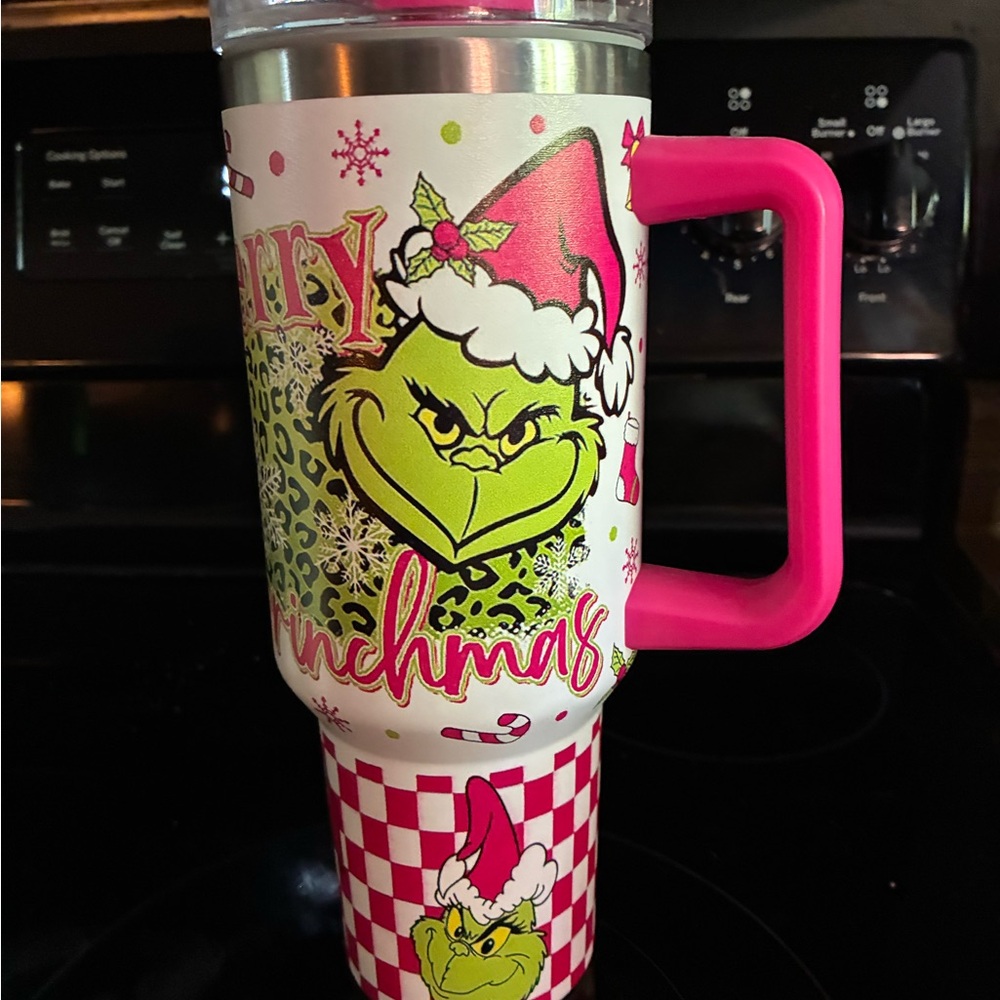 Grinch Christmas Travel Mug with Pink Handle